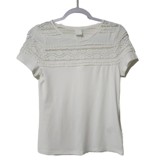 H&M Womens Yoke Lace Ruffle Top Ivory Jersey Short Sleeve Crew Neck Size S - Picture 2 of 11